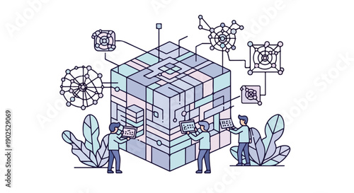 Team of IT specialists managing a large data center, processing big data and cloud computing information. Modern technology infrastructure illustration.