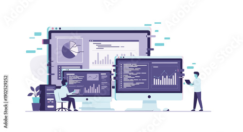 Business analysts working with complex data visualizations on multiple computer screens, illustrating data analysis and business intelligence concepts.