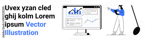 Female figure explaining data insights with a digital screen showing various charts and graphs. Ideal for analytics, training, presentations, reports, technology, business strategy, simple landing