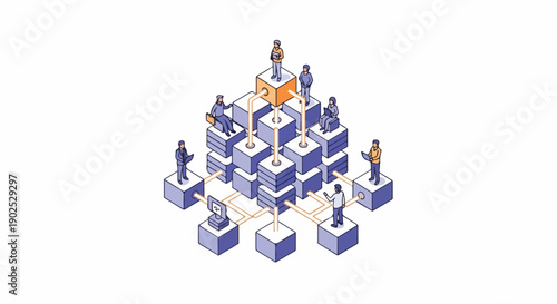 Abstract isometric illustration of a hierarchical business structure with people connected by lines and cubes