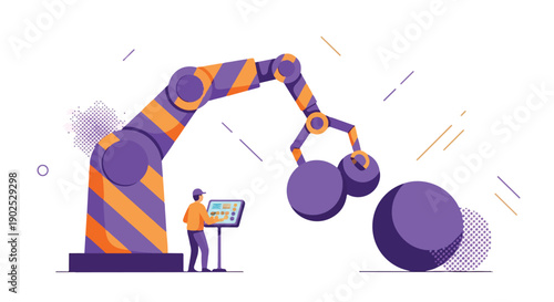 Industrial robot arm with operator controlling it from a console, automation and technology concept