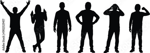 Set of six silhouette people in different poses person standing arms up
