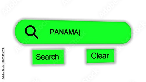 A bright green search bar featuring the word PANAMA and a magnifying glass with accompanying search and clear buttons on a white background