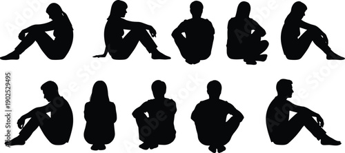 Set of ten silhouette people sitting in various relaxed poses