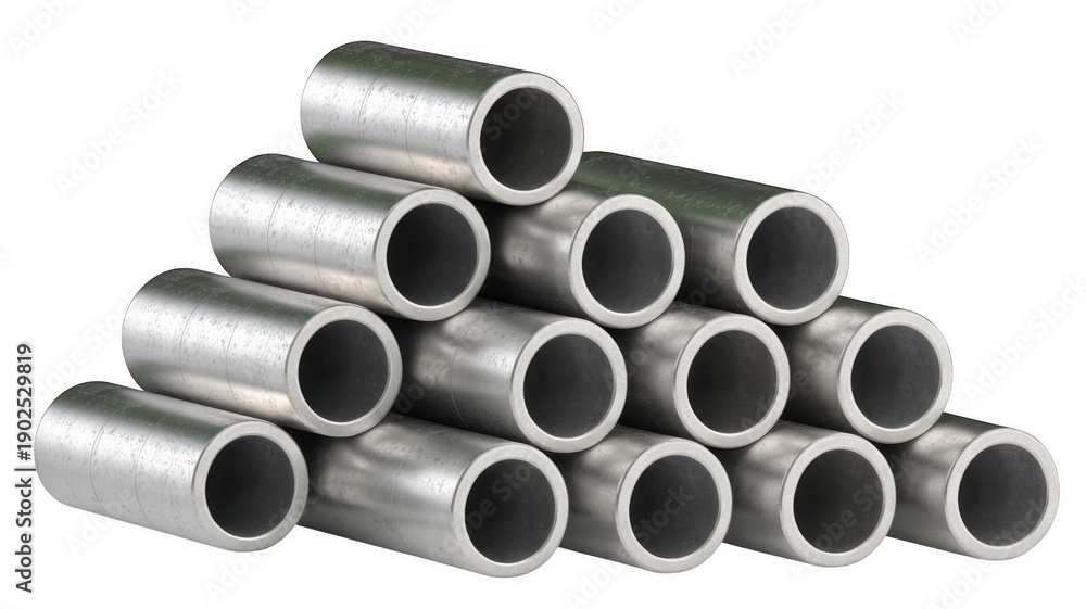 Fototapeta premium Stack of silver metal tubes cylindrical isolated on a transparent background