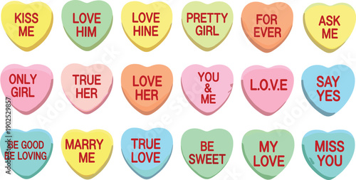 Colorful candy heart set with romantic phrases, Valentine conversation hearts collection, sweet love messages for greeting cards, stickers, prints and designs