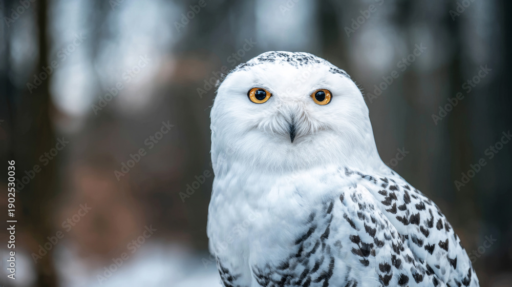 Obraz premium Snowy owl portrait showing intelligent gaze and white speckled feathers in winter forest setting