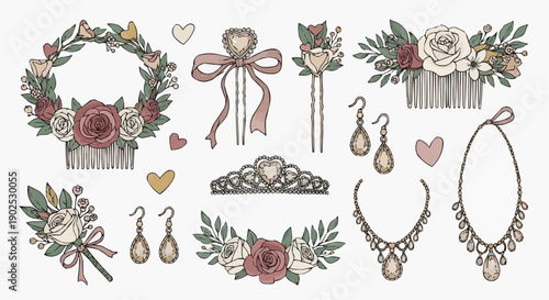 Vintage floral wedding jewelry and accessories collection with hearts and ribbons