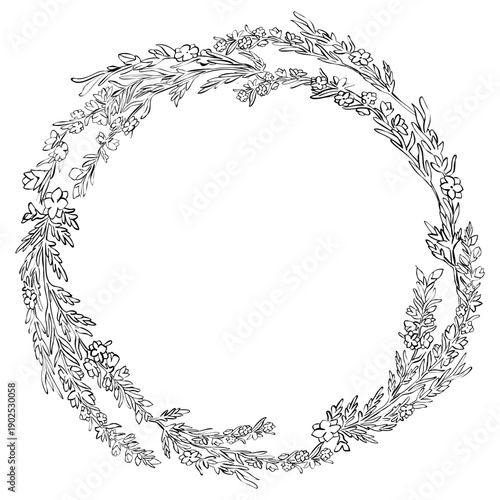 Hand drawn heather wreath circle with delicate blossoms and foliage black and white line art floral frame for wedding invitation