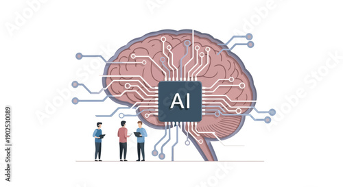 Artificial Intelligence concept: AI chip integrated into a human brain outline with circuits and tiny people standing below.