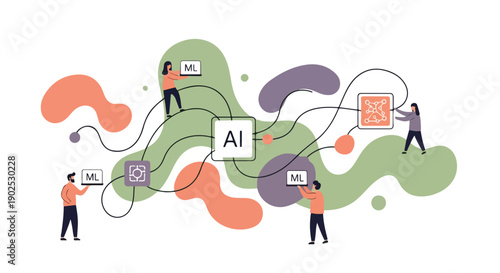 Collaborative team developing AI and ML systems, connecting data and processing information within a technological network, illustrating digital innovation.