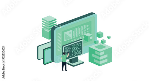 Isometric illustration of a programmer working on a computer, surrounded by data, servers, and digital screens, representing software development, IT solutions, and data analytics in a modern,