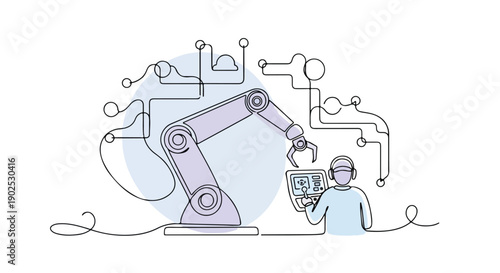 Engineer controlling advanced robotic arm in a smart factory environment, symbolizing industrial automation, artificial intelligence, and future manufacturing technology.