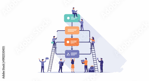 Collaborative business team building a workflow process diagram. People working together on data organization, project management, and strategic development steps.