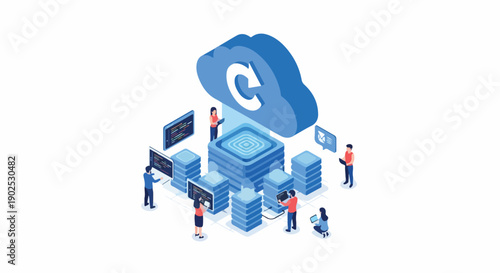 Isometric illustration of cloud data sync and computing. IT professionals manage server infrastructure for secure data storage, backup, and network solutions.