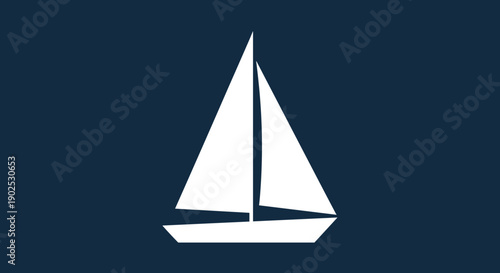 Simple White Sailboat Silhouette on Deep Blue Background.