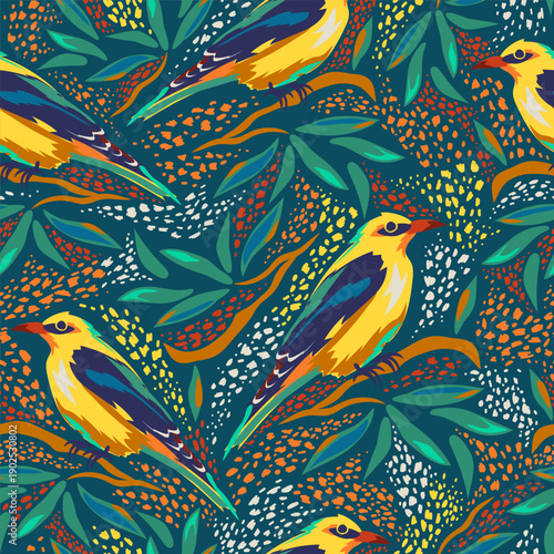 Seamless pattern with yellow bright birds and leaves. Golden oriole, branches and abstract shapes on a blue-green dark background. Vector illustration of a botanical pattern.