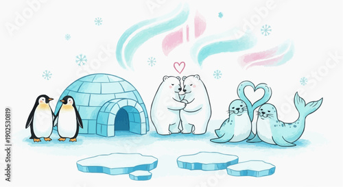 Adorable arctic animals gathered near icy igloo with penguins polar bear and seals in soft whimsical illustration
