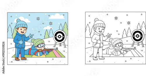 Kids practicing biathlon shooting with coach, colored and outline version for coloring book, vector illustration of winter sport