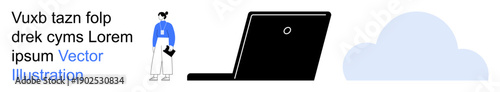 Remote work, technology, online connectivity, data storage, cloud computing, digital communication. Figure next to laptop and cloud icon. Remote work and technology concept