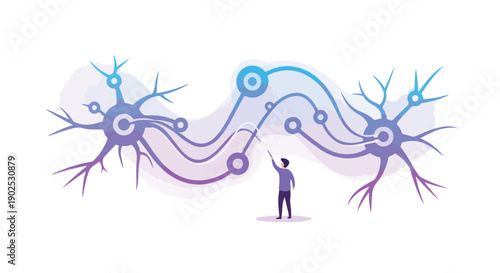 Abstract illustration of a person interacting with a neural network, symbolizing AI, technology, and brain connections.
