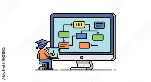 Student learning flowchart on computer screen with educational icon, digital education and technology concept