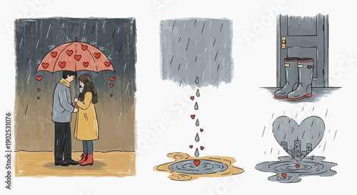 Couple standing under red heart patterned umbrella with rain and heart shaped puddles around them in a romantic illustration