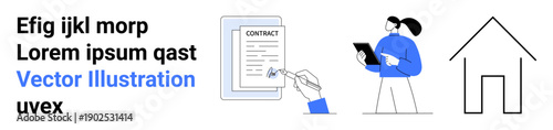 Legal documentation, property signing, real estate, remote agreement, digital tasks, online forms. The image shows contract signing, a professional and a house outline. Legal documentation