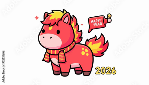Cute red cartoon horse with a fiery mane and tail, wearing a festive striped scarf, celebrating a happy new year 2026, ideal for cheerful holiday greetings and vibrant seasonal designs