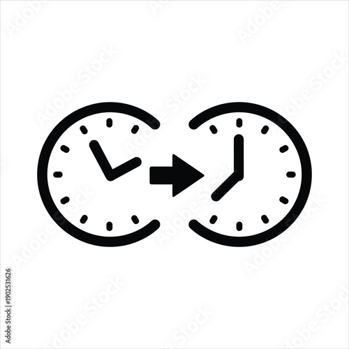 Simple black and white illustration showing two clocks with an arrow indicating time transfer or conversion, symbolizing time zones or synchronization.