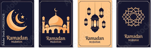 A set of Ramadan Mubarak vector graphic cards with mosque, lantern, and crescent moon designs