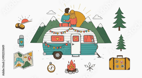 Couple embracing in campervan surrounded by travel icons mountains and trees symbolizing adventure and love in a whimsical