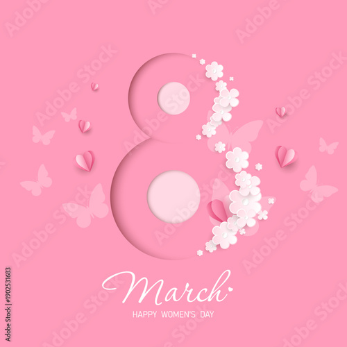 March 8th, Happy Women's Day with flowers and butterflies. A paper-cut invitation with spring flowers and butterflies on a pink background. Vector EPS 10.