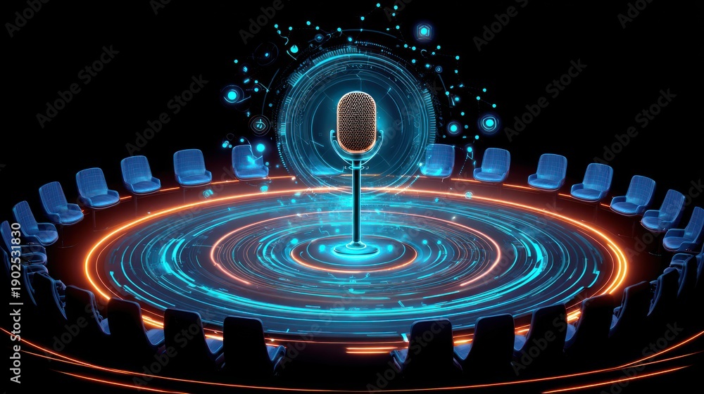 Obraz premium Microphone on a Futuristic Stage Platform.