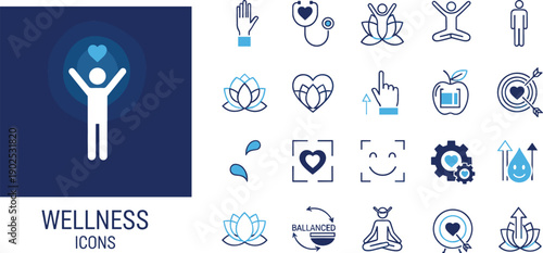 Complete set of wellness and healthcare line icons with yoga and medical symbols for health and lifestyle design
