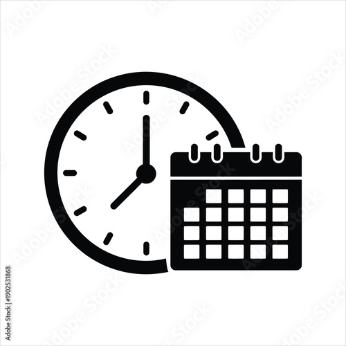 Black and white icon of a clock face next to a calendar grid, symbolizing time, scheduling, and planning for events and appointments.