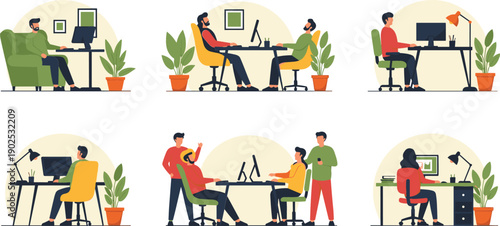 Set of people working in various office and home environments with computers and furniture flat vector illustration isolated