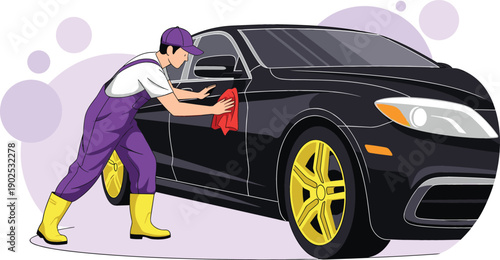 Professional worker cleaning and detailing black luxury car with red microfiber cloth for automotive service vector illustration