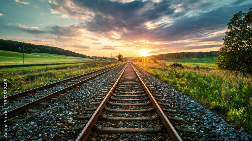 Fototapeta premium Railway tracks leading to horizon at sunset, vanishing point, progress, journey, and a bright future concept