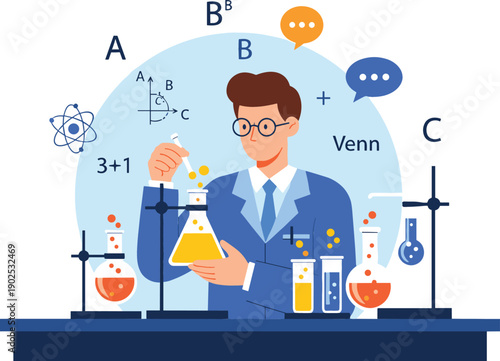 Male scientist conducting chemistry experiment in laboratory with beakers and math formulas vector for STEM and education concept