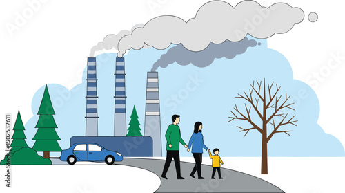 Family walking near industrial factory with smoking chimneys and air pollution for environmental climate change and ecology concept