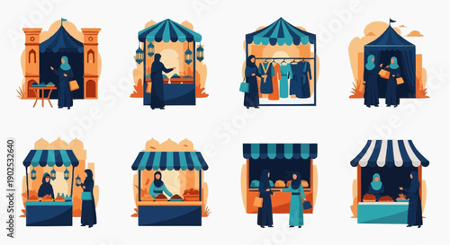 Collection of colorful market stall illustrations with diverse vendors and customers in various settings and vibrant awnings
