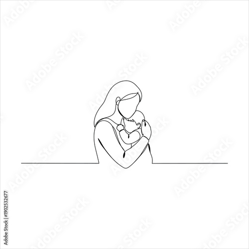 Minimalist line drawing of a mother embracing her baby, a delicate representation of maternal love and the parent-child bond.