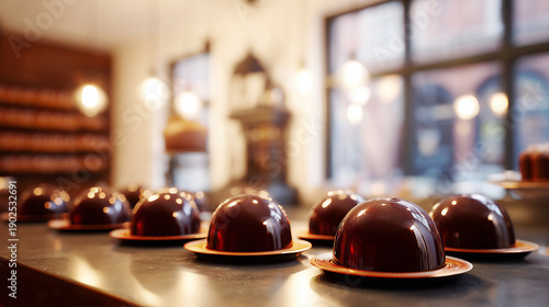 Luxury chocolate dome desserts on modern patisserie counter