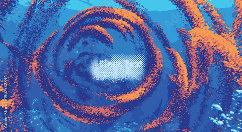 Aerial view of a vibrant blue and orange spiral vortex pattern, abstract illustration, dynamic movement, swirling design, artistic expression