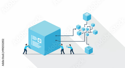 Tiny people connecting small blocks to a large cube, representing data integration, system architecture, and teamwork in business.