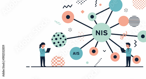 Abstract network of connected nodes with people interacting with technology, representing data, communication, and business intelligence.