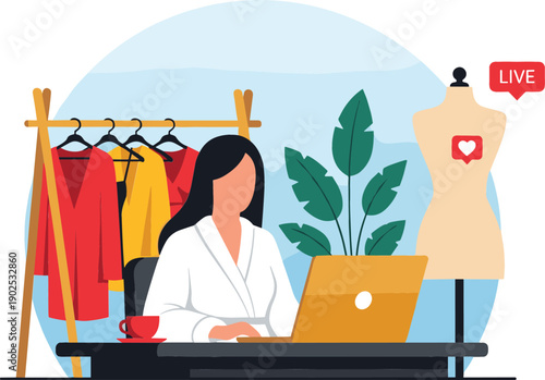Female fashion influencer streaming live on laptop for online shopping and clothing boutique retail business concept vector illustration