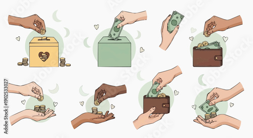 Hands exchanging money with various containers donations and transactions illustrated in a minimalist style with hearts and currency