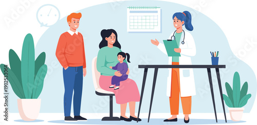 Professional female pediatrician consulting with family and young child in modern medical clinic flat vector illustration isolated